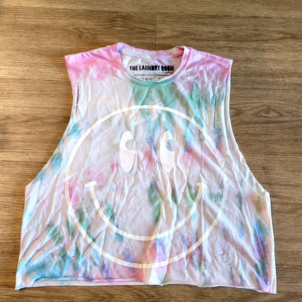 NWOT The Laundry Room Tie Die Distressed Happy Face Tank Top OSFM